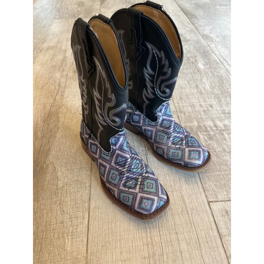 Roper Kids Glitter Geometric Diamond Western Cowboy Boots Purple Blue Black Sz 1